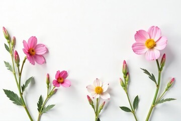 Fototapeta premium Delicate, small-scale floral sprigs on white background, bud, retro