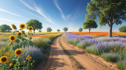 A summer landscape shows a rural field of sunflowers under a blue sky with white clouds, a beautiful scene of nature and agriculture