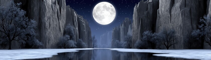 Naklejka premium A serene moonlit landscape with cliffs and a reflective water surface.