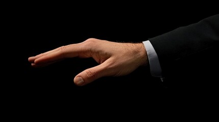 Business hand reaches out, gesturing, black backdrop, isolated gesture, concept of offering