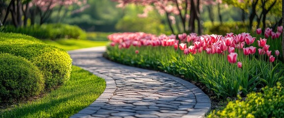 Garden path with tulips and lush greenery springtime landscape natural scene