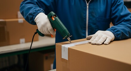 Fototapeta na wymiar Sealing Cardboard Box with Glue Gun for Packaging and Delivery