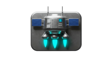Social icons, advertising icons, business icons  a stylized spaceship with solar panels and glowing blue thrusters on a gray metallic background plate