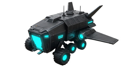 Social icons, advertising icons, business icons  a futuristic vehicle with glowing blue lights and large wheels on a black background in a studio shot