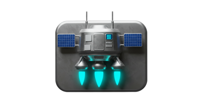 Social icons, advertising icons, business icons  a stylized spaceship with solar panels and glowing blue thrusters on a gray metallic background plate
