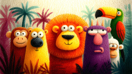 Fototapeta premium Whimsical jungle creatures cartoon illustration with vibrant textured surface