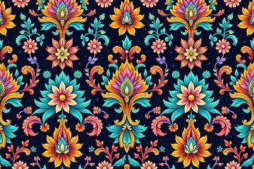 Intricate floral damask textile design, repeating seamlessly , elegant, textile, motif