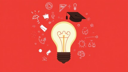 Idea light bulb with graduation hat and school symbols background, concept for inspiration, education