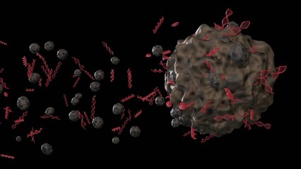 Asteroid, meteorite with DNA molecules. Space rock emitting DNA molecules. Microscopic particle with DNA fragments. Space rock releasing DNA. 3d render
illustration.