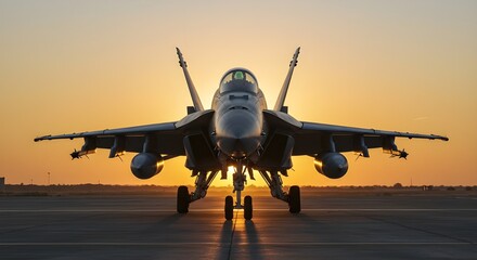 Naklejka premium A frontal picture of an F A 18 Hornet fighter jet in the setting sun. Generative AI