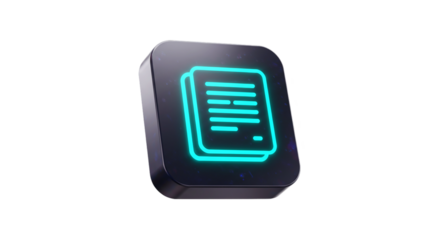 Social icons, advertising icons, business icons  a glowing turquoise document icon on a dark gray square button against a black isolated background