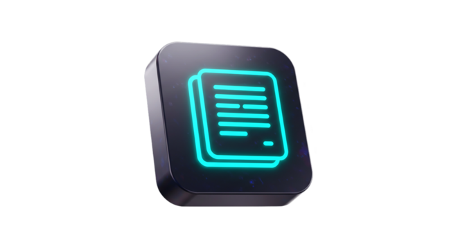 Social icons, advertising icons, business icons  a glowing turquoise document icon on a dark gray square button against a black isolated background