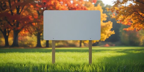 Blank white signboard on wooden stakes standing on green grass with beautiful autumn trees in the background, perfect for advertising, announcements, real estate promotions, and seasonal designs

