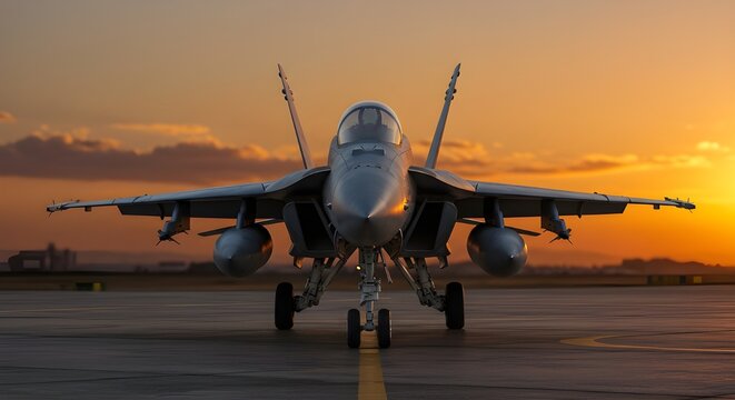 A frontal picture of an F A 18 Hornet fighter jet in the setting sun. Generative AI