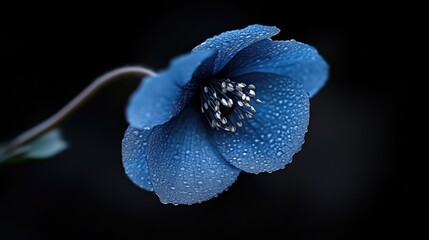 Close-up of a vibrant, deep blue flower, glistening with water droplets