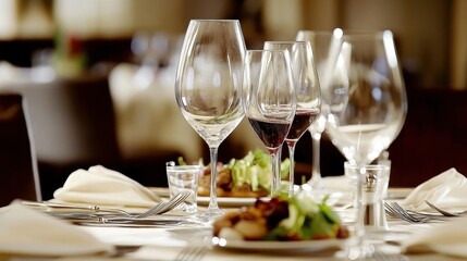 Elegant dining experience with wine glasses and appetizers.