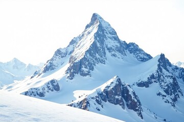 Snow-covered mountain peak against bright white sky, sky, scene