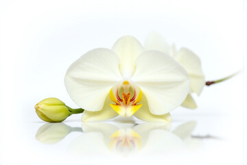 white orchid flower with water reflection on a white background