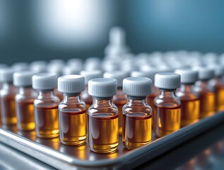 Rows of amber pharmaceutical vials with white caps on a stainless steel conveyor in a modern laboratory, representing medicine production, healthcare innovation, and scientific research

