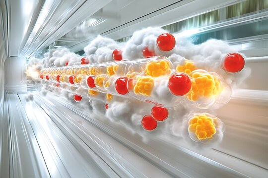 Red and yellow spheres moving through a transparent tube - Powered by Adobe