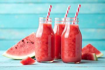 three bottles of watermelon juice with straws on a wooden table