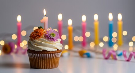 First Birthday Cupcake with Candles and Festive Decorations