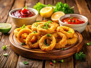 Fototapeta premium Crispy Calamari Recipe: Tilt-Shift Photo of Delicious Fried Squid with Spicy Dips