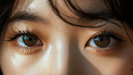 Fototapeta premium Close-up woman's eyes, sunlight, beauty, skincare, cosmetics