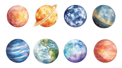 Obraz premium Collection of Watercolor Planets Isolated on White Background – Hand-Painted Solar System Elements, Artistic Space Objects, Celestial Bodies Illustration Set