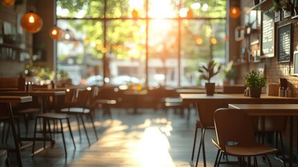 Sunny Cafe Interior, City View, Tables, Chairs, Sunlight