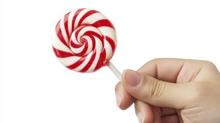 A close-up of a hand grasping a bright round lollipop isolated on a white background