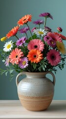 Colorful bouquet of fresh daisies arranged in a rustic ceramic vase against a pastel blue background, symbolizing spring, beauty, and home decor, ideal for cheerful settings.
