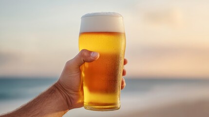 Refreshing Beer Glass in a Hand with Scenic Beach Background View