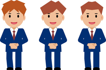 手を前で重ね、笑顔の紺色スーツの若い男性