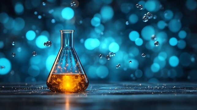 Glowing Liquid In Erlenmeyer Flask With Blue Background - Powered by Adobe