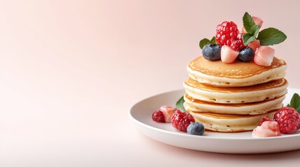 Delicious Stack of Fluffy Pancakes Topped with Fresh Berries and Mint