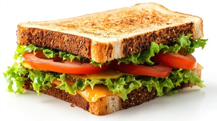 Toasted whole wheat sandwich bursting with fresh greens and vibrant tomatoes