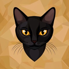 Close-up digital illustration of a black cat with yellow eyes on a geometric orange and yellow background