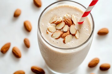 Almond smoothie with straw on a white background