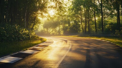 A quiet, empty race track bordered by dense green woods, bathed in the warm glow of a sunset.