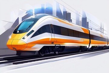 Fototapeta premium Orange train speeding on the tracks on a white background