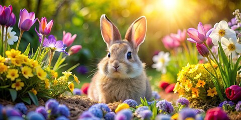 Fototapeta premium Drone View: Cute Easter Bunny in Spring Flower Garden - Aerial Easter Photography