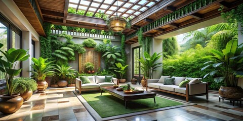 Drone View: Lush Green Javanese Living Room - Empty 3D Render Interior Design
