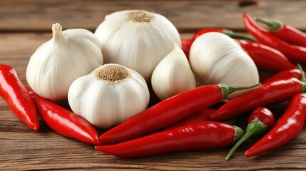 A vibrant arrangement of garlic bulbs and red chili peppers on a wooden surface, showcasing their natural textures and colors.