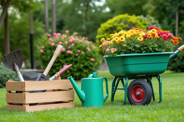 wheelbarrow filled with gardening tools sitting on top of a lush green field