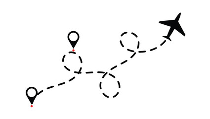  dotted route line the way airplane. Flying with a dashed line from the starting point and along the path  stock vector.