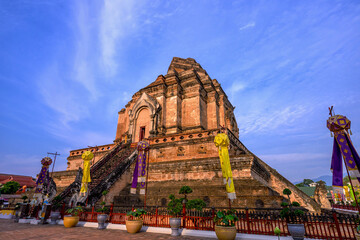 Pagoda of Chedi Luang Varavihara temple it ancient large pagoda is 700 years in Chiang Mai, Thailand.