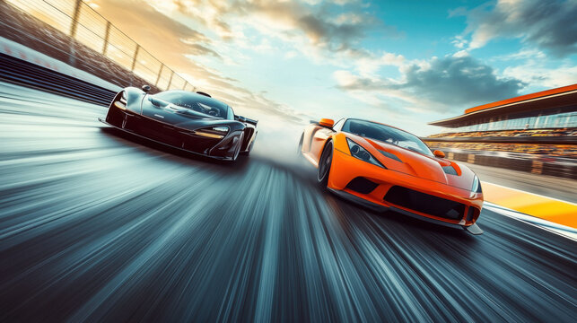 A dynamic low-angle shot of two high-performance sports cars racing side by side, with motion blur emphasizing speed and excitement as one car overtakes the other on a.