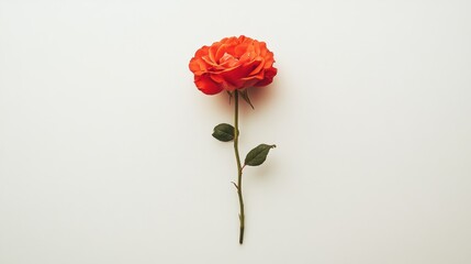A single red rose with delicate petals and a long green stem, placed against a pristine white background
