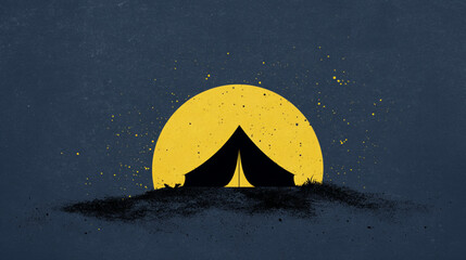 Camping tent under moon illustration graphic design for outdoor, adventure and travel theme.